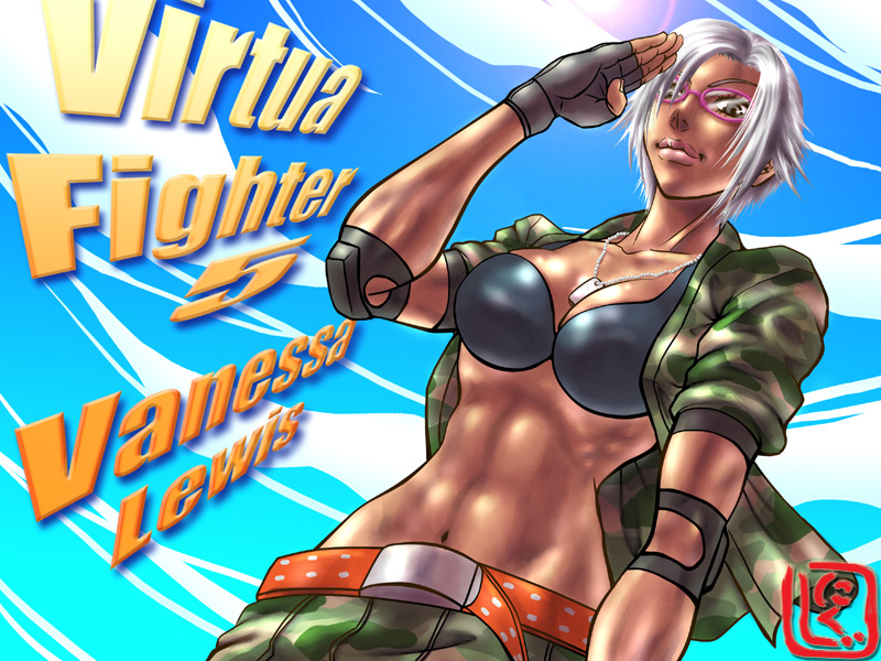 1girl abs alternate_hair_length alternate_hairstyle belt bespectacled between_breasts breasts camouflage character_name copyright_name dark-skinned_female dark_skin dog_tags elbow_pads female_focus fingerless_gloves glasses gloves grey_eyes jacket large_breasts lips muscular narrow_waist nikuji-kun open_clothes open_jacket salute short_hair silver_hair sleeves_rolled_up solo toned toned_female vanessa_lewis virtua_fighter virtua_fighter_5