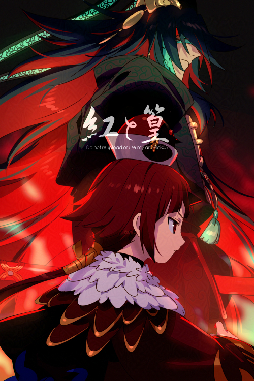 1girl apron beni-enma beni-enma_(first_ascension) bird_hat black_hair black_kimono blindfold breasts brown_hat colored_inner_hair echo_(circa) fate/grand_order fate_(series) feather_trim hat japanese_clothes kimono long_hair long_sleeves low_ponytail multicolored_hair ono_no_takamura_(fate) ponytail red_eyes red_hair red_kimono small_breasts translation_request very_long_hair white_apron wide_sleeves