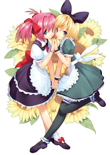 2girls ankle_garter blonde_hair dress lowres multiple_girls ribbon thighhighs twintails ueda_ryou wrist_cuffs