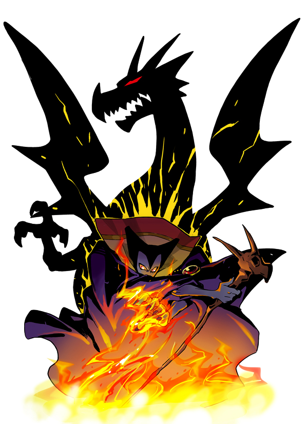 1boy black_nails colored_sclera colored_skin commentary_request covering_own_mouth dragon dragon_boy dragon_lord dragon_quest dragon_quest_i dual_persona eyed_silhouette fingernails fire floating_clothes holding holding_staff horns igaiga jewelry looking_to_the_side magic male_focus monster_boy necklace nose_horn purple_robe purple_skin red_eyes robe sharp_fingernails sharp_teeth silhouette solo staff teeth white_background widow&#039;s_peak yellow_sclera