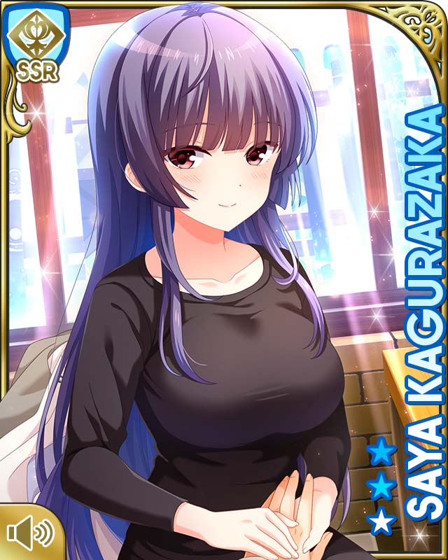 1girl black_shirt blue_hair bow brown_eyes card_(medium) character_name closed_mouth collarbone day denim female_focus girlfriend_(kari) hair_bow indoors jeans kagurazaka_saya lodge long_hair official_art pants qp:flapper shirt smile standing tagme window winter