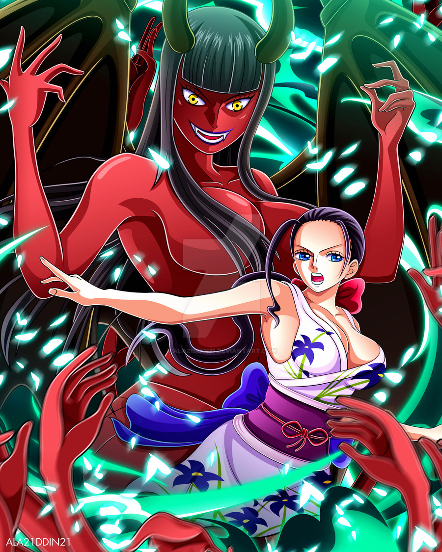 1girl aladdin_(ala21ddin21) alternate_form bare_shoulders black_hair black_wings blue_eyes blunt_bangs colored_skin commentary demon_girl demonio_fleur deviantart_logo disembodied_hand english_commentary extra_arms fangs floral_print floral_print_kimono hair_ribbon hana_hana_no_mi horns japanese_clothes kimono long_hair nico_robin nico_robin_(onigashima) obi one_piece open_mouth petals ponytail print_kimono purple_sash red_ribbon red_skin ribbon sash sidelocks sleeveless sleeveless_kimono solo watermark wings yellow_eyes