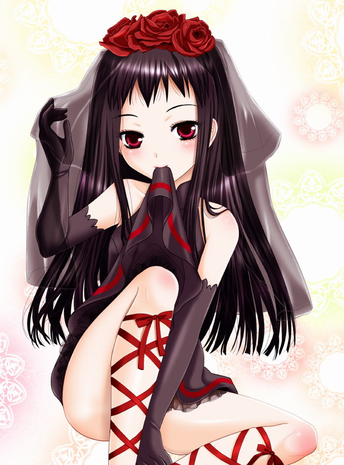 1girl ankle_lace-up ar_tonelico ar_tonelico_ii blush dress elbow_gloves female_focus flower gloves hair_flower hair_ornament inumori_sayaka jakuri_(ar_tonelico) sitting solo