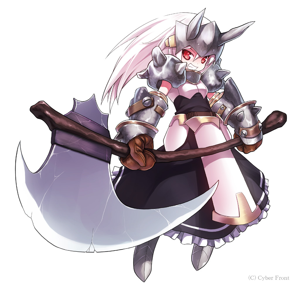 1girl armor axe battleaxe female_focus gloves grin kiira original red_eyes silver_hair simple_background skirt smile solo teeth weapon white_background