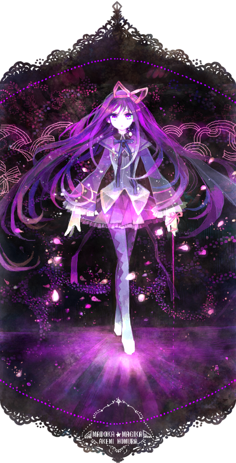10s 10t_(1010) 1girl akemi_homura akemi_homura_(magical_girl) female_focus full_body hair_ribbon long_hair magical_girl mahou_shoujo_madoka_magica mahou_shoujo_madoka_magica_(anime) pantyhose purple_eyes purple_hair purple_theme ribbon solo standing transparent_background wrist_ribbon