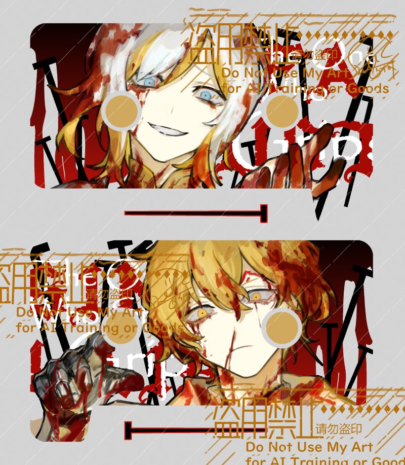 1boy 1girl blonde_hair blood blood_in_hair blood_on_clothes blue_eyes closed_mouth faust_(project_moon) gauntlets limbus_company looking_at_viewer multicolored_hair n_corp._fanatic_(identity)_(project_moon) nishikujic open_mouth pointing pointing_at_viewer project_moon short_hair sinclair_(project_moon) smile streaked_hair white_hair wide-eyed yellow_eyes
