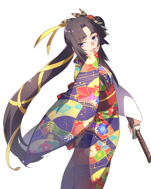 1girl :d alternate_costume black_hair blue_eyes echo_(circa) fate/grand_order fate_(series) female_focus floating_hair from_side hair_ribbon holding holding_sheath japanese_clothes kimono long_hair looking_at_viewer obi open_mouth print_kimono ribbon sash sheath sheathed side_ponytail simple_background smile solo standing ushiwakamaru_(fate) ushiwakamaru_(formal_dress)_(fate) very_long_hair white_background yellow_ribbon yukata