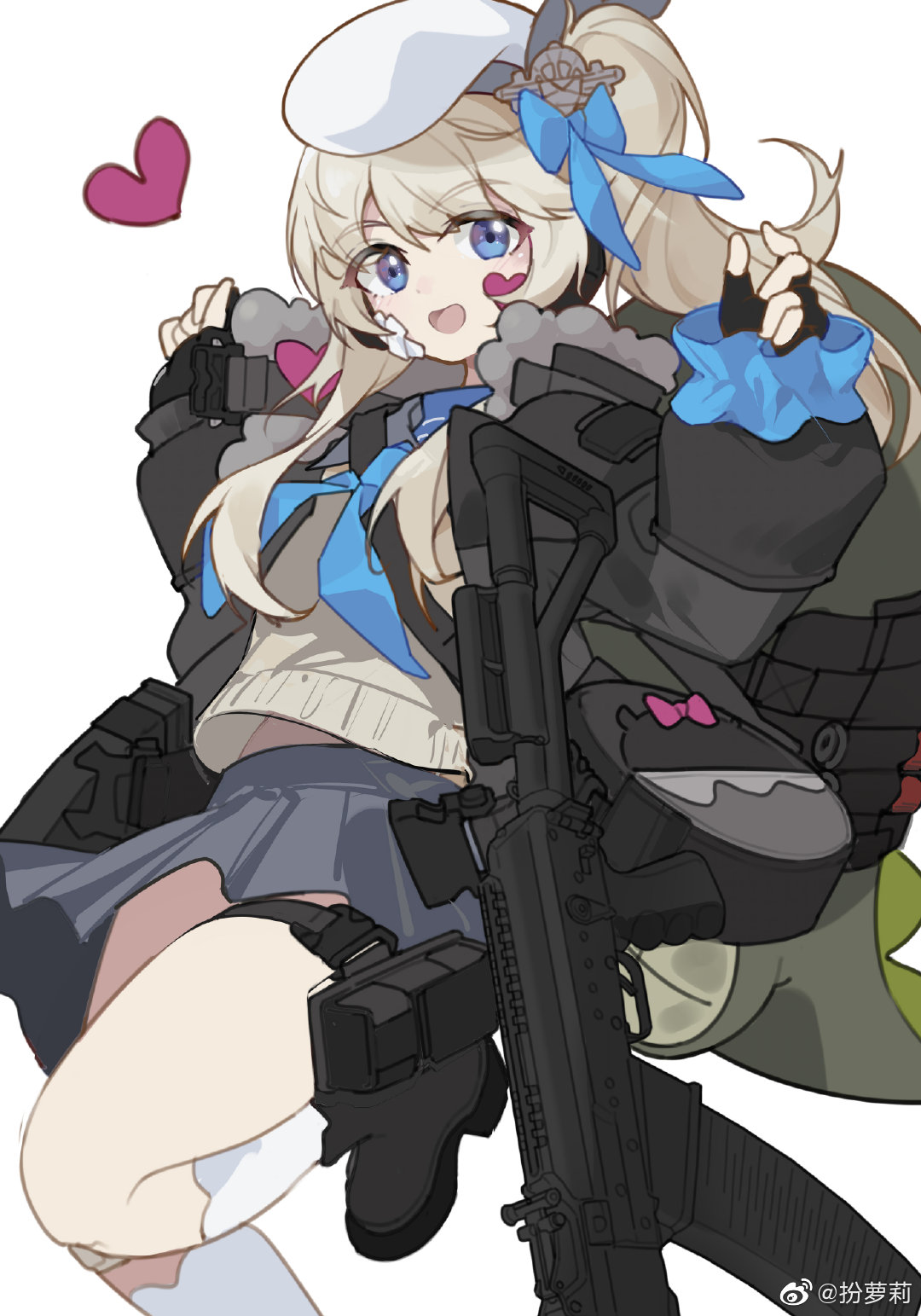 12-gauge 1girl ammunition animal_bag bandage_on_face bandages banluoli beret black_coat blonde_hair blue_bow blue_eyes blue_neckwear blue_ribbon boots bow coat commentary_request fingerless_gloves girls'_frontline girls'_frontline_2:_exilium gloves grey_skirt gun hat hat_bow heart highres izhmash kalashnikov_concern leg_up long_hair long_sleeves looking_at_viewer molot molot-oruzhie molot_weapons open_mouth pleated_skirt ribbon semi-automatic_shotgun shotgun shotgun_shell side_ponytail simple_background skirt smile socks solo sweater vepley_(girls'_frontline_2) vepr-12 vyatskiye_polyany_machine-building_plant watermark weapon weibo_watermark white_background white_hat white_socks