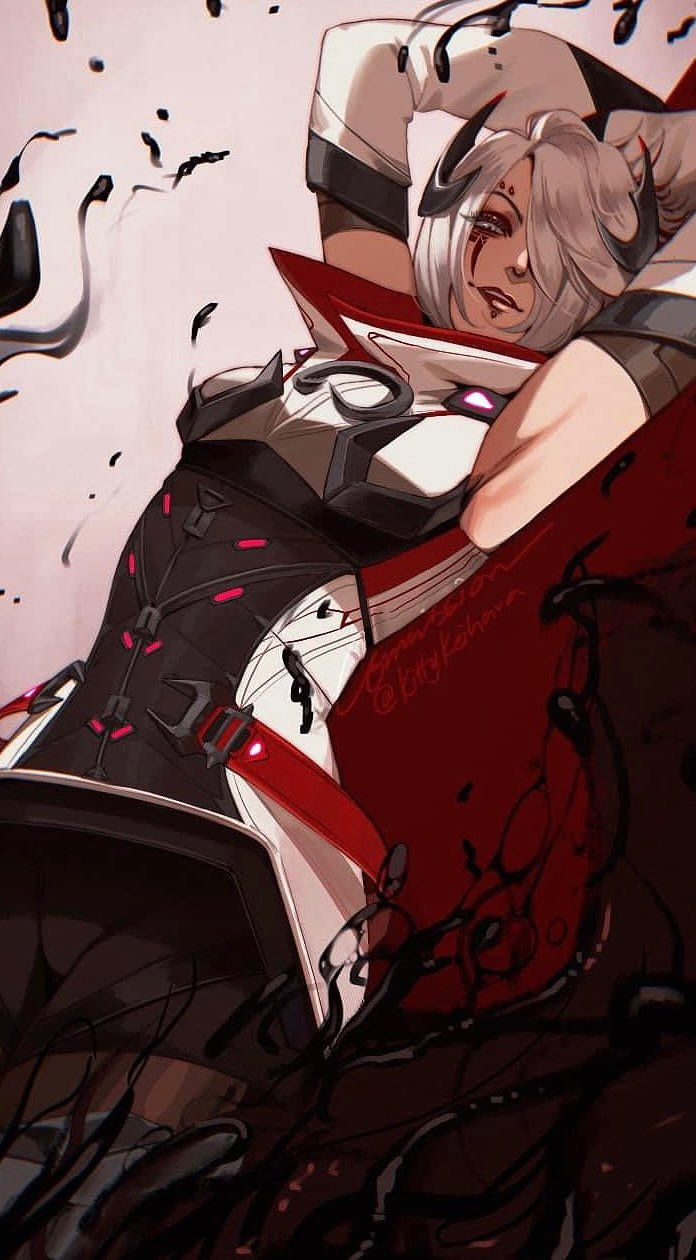 1girl apex_legends armpits blood_moon_catalyst breasts catalyst_(apex_legends) commission crescent crescent_hair_ornament dress eyeshadow grey_eyes grey_hair hair_ornament hair_over_one_eye highres jpeg_artifacts kitty_keihara lip_piercing liquid looking_at_viewer lying makeup official_alternate_costume one_eye_covered parted_lips piercing red_eyeshadow red_lips short_hair signature small_breasts solo stretching twitter_username white_dress