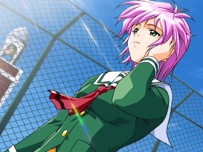 1990s_(style) 1girl chain-link_fence dutch_angle female_focus fence green_shirt kokura_masashi light_rays official_art pink_hair retro_artstyle scan school_uniform shirt short_hair solo sunbeam sunlight tokimeki_memorial tokimeki_memorial_2 yae_kaori