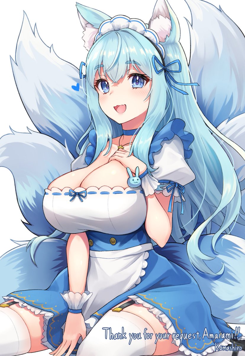 amaiami_(vtuber) animal_ears apron blue_dress blue_eyes blue_hair breasts dress fang hand_on_chest happy highres indie_virtual_youtuber jewelry kneeling komashiro_n large_breasts maid maid_apron maid_headdress necklace open_mouth tail virtual_youtuber