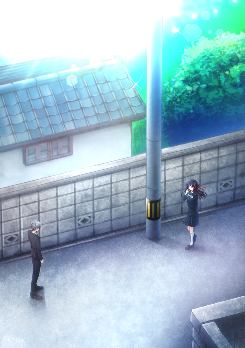 1boy 1girl black_hair black_serafuku blunt_bangs chi119 day formal_clothes grey_hair hair_ribbon himeno_mikoto himuro_hitoshi kaii_shoukougun kaii_shoukougun_2 long_hair official_art one_eye_closed outdoors red_ribbon ribbon school_uniform serafuku short_hair smile