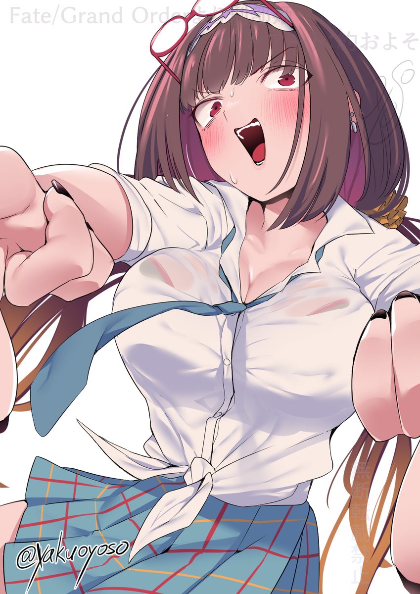 1girl blue_skirt blush breasts brown_hair cleavage collared_shirt fate/grand_order fate_(series) glasses hairband highres large_breasts long_hair looking_at_viewer low_twintails necktie open_mouth osakabehime_(fate) outstretched_arms purple_eyes shirt short_sleeves skirt smile solo twintails very_long_hair white_shirt yakuoyoso