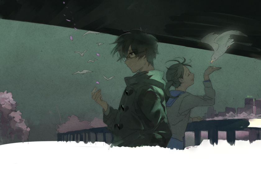 1boy 1girl animal bird black_coat black_hair blue_sailor_collar bridge brown_hair cherry_blossoms closed_mouth coat duffel_coat closed_eyes glasses hand_in_pocket hand_up kawamoto_hinata kiriyama_rei long_sleeves low_twintails open_mouth outdoors petals profile roku_(tsua-kihuyu) sailor_collar sangatsu_no_lion school_uniform seagull serafuku shirt sky tree twintails white_shirt wind