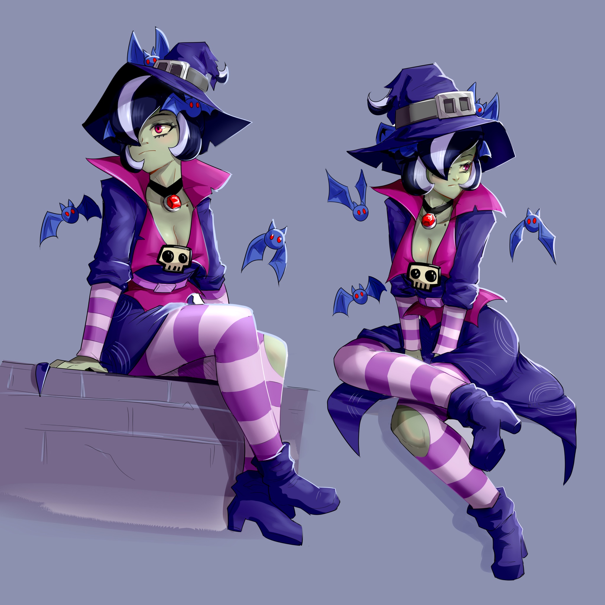 bat_(animal) belt belt_buckle black_hair blue_background breasts brick_wall buckle collar colored_skin edz_drawz gem green_skin hat highres horizontal-striped_sleeves horizontal-striped_thighhighs immorticia_(plants_vs_zombies_heroes) jewelry looking_to_the_side medium_breasts necklace pink_collar plants_vs._zombies plants_vs._zombies_heroes purple_shirt purple_shoes purple_skirt purple_sleeves purple_thighhighs red_eyes red_gemstone shirt shirt_under_shirt shoes simple_background sitting sitting_on_object sitting_on_wall skirt skull_ornament striped_clothes striped_sleeves striped_thighhighs thighhighs witch_hat zombie