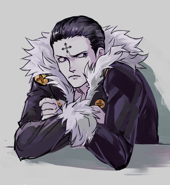 1boy black_coat black_eyes black_hair chrollo_lucilfer coat commentary_request cross_tattoo crossed_arms forehead_tattoo frown fur-trimmed_coat fur_trim hair_slicked_back hunter_x_hunter looking_to_the_side male_focus pale_skin russian_commentary solo tattoo vasiliy-plumber