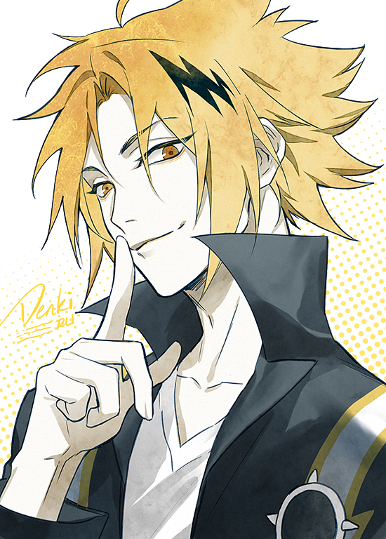 1boy black_hair black_jacket blonde_hair boku_no_hero_academia character_name closed_mouth finger_to_mouth index_finger_raised jacket kaminari_denki looking_at_viewer male_focus multicolored_hair orange_eyes ru_(famia) shirt smile solo streaked_hair two-tone_hair upper_body white_background white_shirt