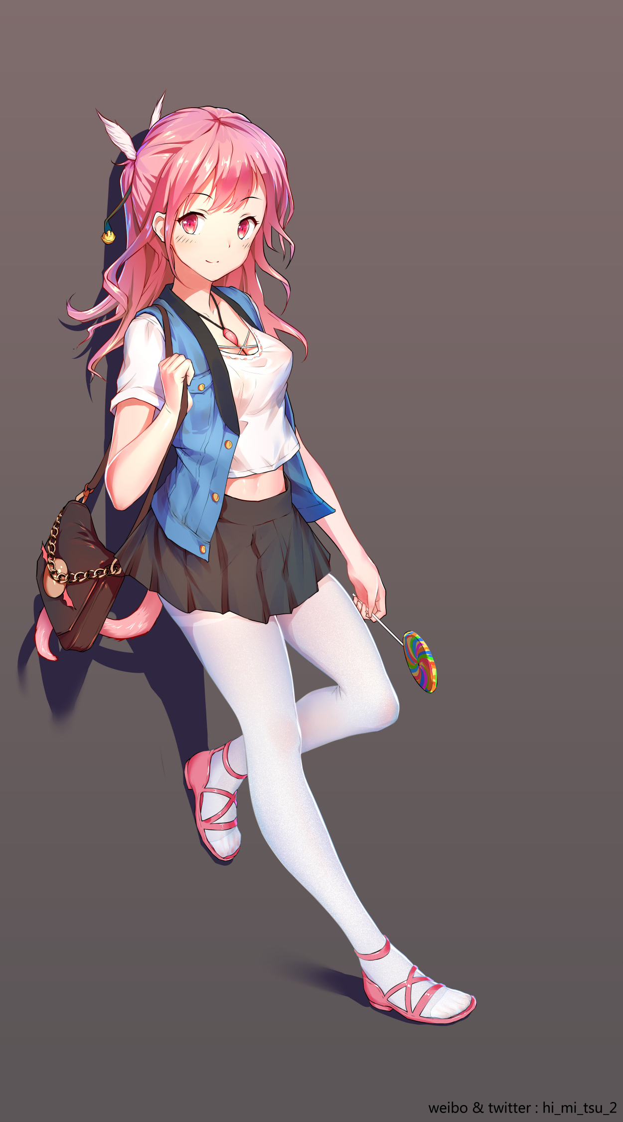 1girl against_wall artist_name bag bare_arms bell black_skirt blue_jacket blush breasts candy chain cleavage collarbone commentary_request cross-laced_clothes cross-laced_footwear curly_hair female_focus food full_body grey_background hair_bell hair_ornament handbag highres himitsu_(hi_mi_tsu_2) holding holding_candy holding_food holding_lollipop holding_strap jacket jewelry leaning leaning_back lollipop long_hair looking_at_viewer looking_to_the_side medium_breasts medium_hair midriff necklace open_clothes open_jacket original over_shoulder pantyhose pink_eyes pink_hair pink_sandals pleated_skirt ponytail rabbit rabbits_foot sandals shadow shirt short_sleeves sidelocks simple_background skirt sleeveless sleeveless_jacket smile solo standing swirl_lollipop tail thighband_pantyhose toes twitter_username white_pantyhose white_shirt