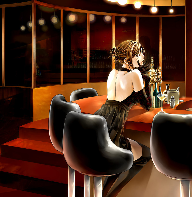 1girl back bar_(place) bare_back brown_hair chair cocktail_glass cup dress drink drinking_glass female_focus indoors meiko_(vocaloid) short_hair sitting solo thighhighs toyu vocaloid