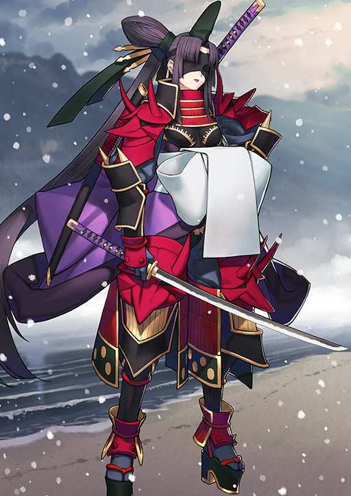 1girl arm_at_side armor azamaru_(fate) back_bow beach black_armor black_blindfold black_hat black_ribbon blindfold boobplate bow breastplate breasts covered_eyes curtained_hair fate/grand_order fate_(series) full_body game_cg gloves grey_gloves grey_socks hair_bun hair_ribbon hand_on_own_hip hat high_side_ponytail holding holding_sword holding_weapon japanese_armor japanese_clothes katana kote kurokote kusazuri long_hair manaita_obi medium_breasts neck_armor obi official_art okobo overcast platform_sandals purple_hair purple_lips red_armor ribbon sakamoto_mineji sandals sash sheath sheathed shoulder_armor sidelocks single_side_bun sky snowing socks sode solo standing suneate sword tabi taira_no_kagekiyo_(fate) taira_no_kagekiyo_(second_ascension)_(fate) tate_eboshi third-party_source unsheathed ushiwakamaru_(fate) variant_set very_long_hair weapon white_sash