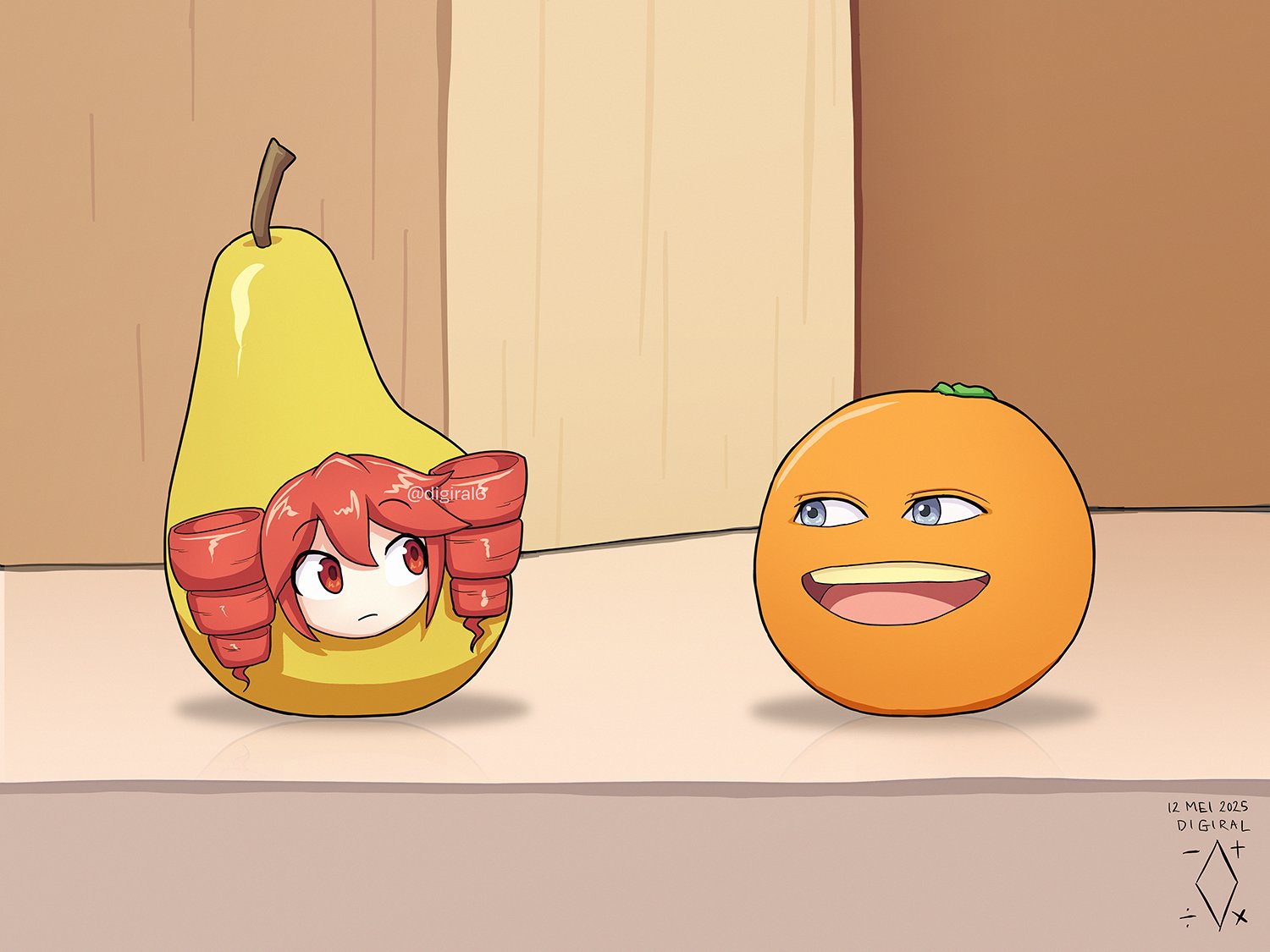 1girl :d annoying_orange annoying_orange_(series) artist_logo artist_name closed_mouth commentary crossover dated digiral drill_hair english_commentary food frown fruit grey_eyes kasane_teto logo looking_at_another open_mouth orange_(fruit) pear pearto red_eyes red_hair smile solo teeth twin_drills twitter_username upper_teeth_only utau watermark