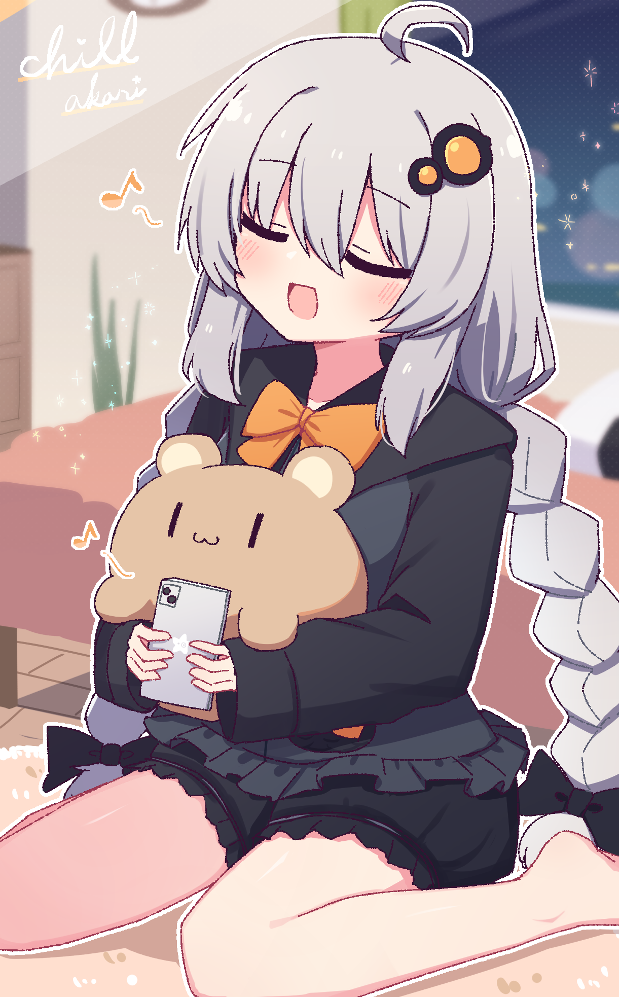 1girl :d ahoge barefoot black_bow black_dress blush bow bowtie braid cellphone closed_eyes commentary cursive dated_commentary dress eighth_note english_text grey_hair hair_bow hair_ornament hibino_000 highres holding holding_phone kizuna_akari long_hair long_sleeves musical_note open_mouth orange_bow orange_bowtie outline phone sitting smartphone smile solo stuffed_animal stuffed_toy teddy_bear twin_braids vocaloid voiceroid wariza white_outline