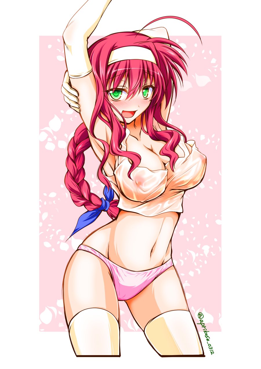 1girl ahoge amitie_florian arm_behind_head armpits arms_up blue_ribbon blush braid braided_ponytail breasts cleavage commentary_request covered_erect_nipples cowboy_shot crop_top cropped_legs elbow_gloves gloves green_eyes groin hair_ribbon hairband highres holding_own_arm kiriya_(aprikose_0312) large_breasts long_hair looking_at_viewer lyrical_nanoha mahou_shoujo_lyrical_nanoha mahou_shoujo_lyrical_nanoha_a&#039;s mahou_shoujo_lyrical_nanoha_a&#039;s_portable:_the_gears_of_destiny navel nipples open_mouth panties pink_background pink_panties red_hair ribbon see-through_clothes single_braid smile solo standing tank_top thighhighs twitter_username underwear underwear_only white_gloves white_hairband white_thighhighs
