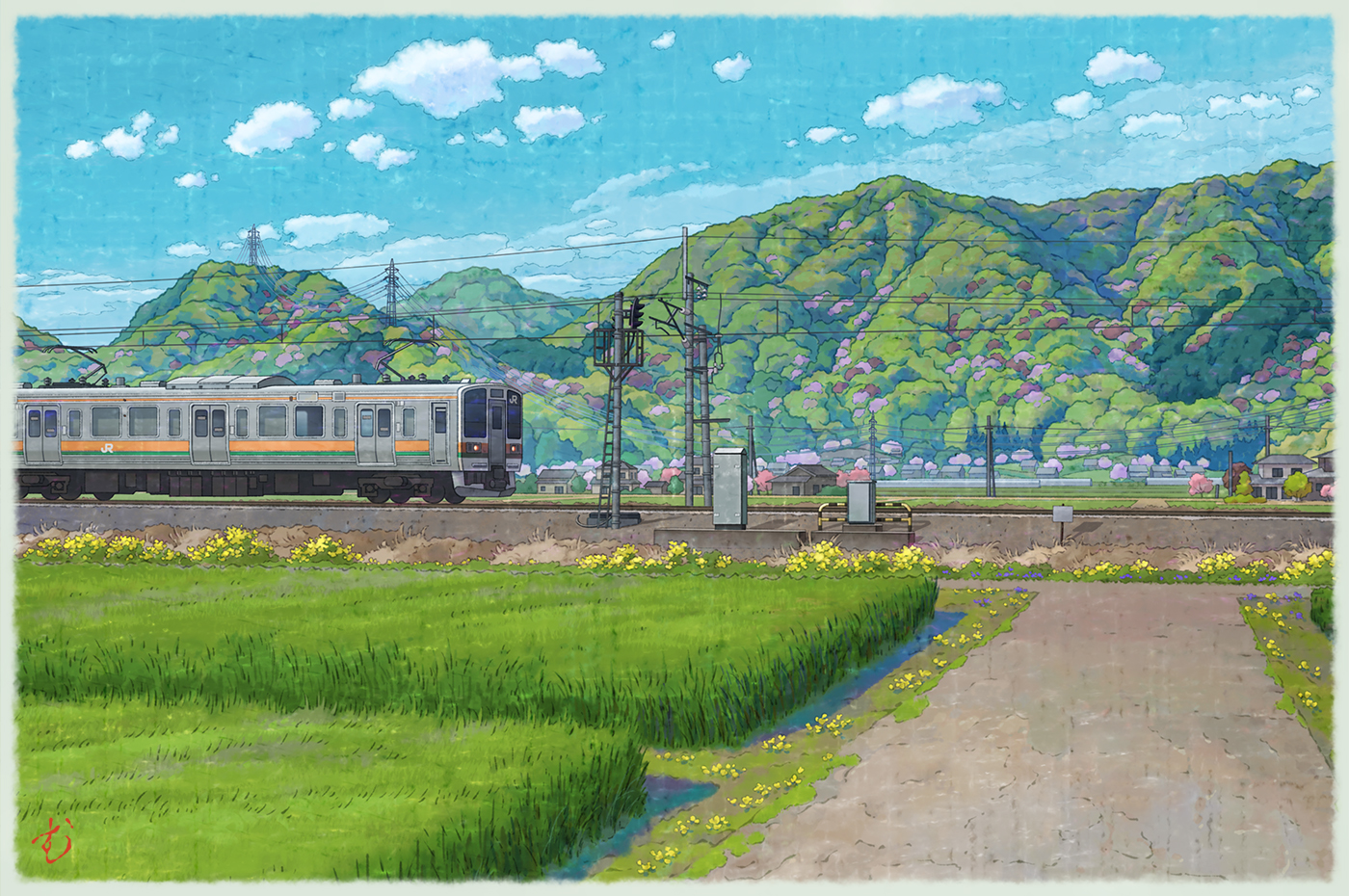 artist_name blue_sky bush cloud commentary_request day east_japan_railway_company field forest grass hill house mountain mugumo_24k multiple_unit_train nature no_humans original outdoors overhead_line power_lines revision road scenery signature sky tochigi_prefecture train transmission_tower utility_pole village