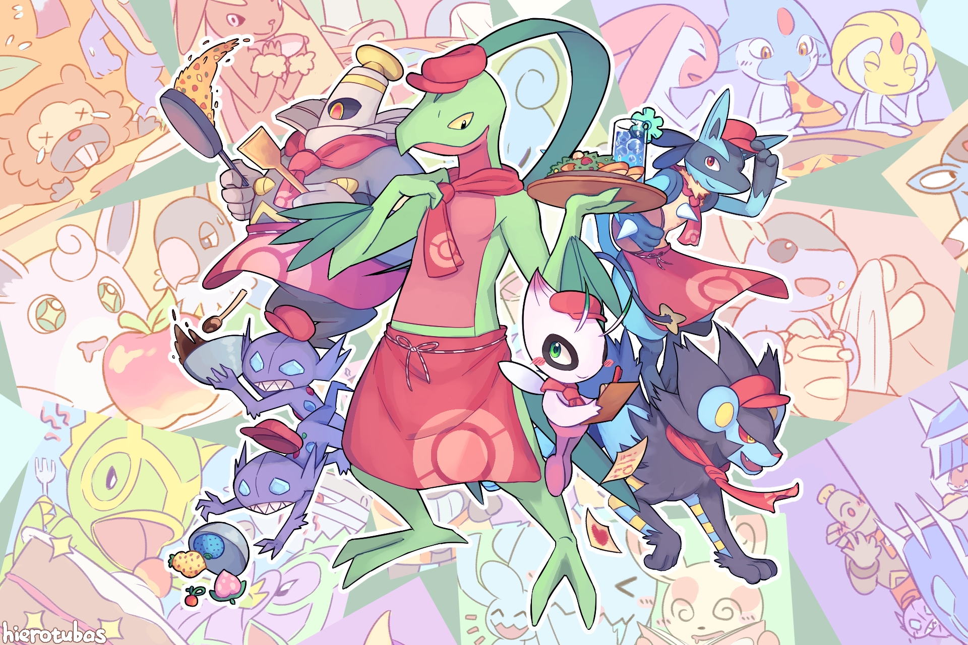 >_< 2others adjusting_clothes adjusting_headwear alternate_color apron armaldo ascot azelf berry_(pokemon) bidoof blush_stickers celebi chatot cheri_berry clipboard closed_mouth clothed_pokemon colored_sclera cup dialga dusknoir food fork gen_1_pokemon gen_2_pokemon gen_3_pokemon gen_4_pokemon green_eyes grovyle hat hierotubas highres holding holding_clipboard holding_food holding_fork holding_pizza kangaskhan kecleon legendary_pokemon lopunny loudred lucario luxray mesprit mixing_bowl multiple_others mythical_pokemon nintendo oran_berry pecha_berry peeking pizza pizza_slice pokemon pokemon_(creature) pokemon_cafe_remix pokemon_mystery_dungeon purple_kecleon red_apron red_ascot red_hat red_sclera rice sableye salad sharp_teeth shiny_pokemon sitrus_berry spinda spoon teeth tripping uxie wigglytuff wobbuffet wooden_spoon wynaut yellow_eyes yellow_sclera