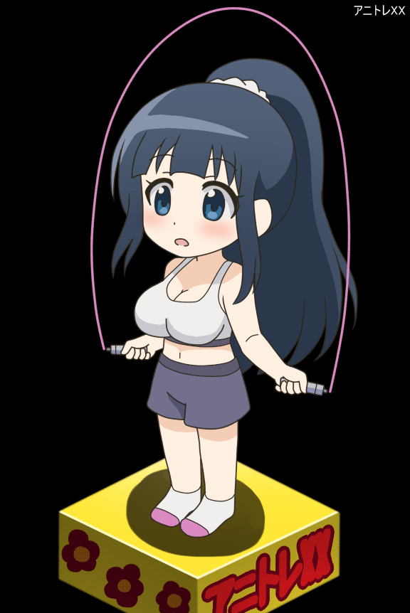 1girl animated animated_gif anitore!_ex awa black_background black_hair blue_eyes bouncing_breasts breasts cleavage copyright_name female_focus jump_rope large_breasts long_hair midriff navel ponytail saotome_shizuno scrunchie shorts sidelocks socks solo sports_bra