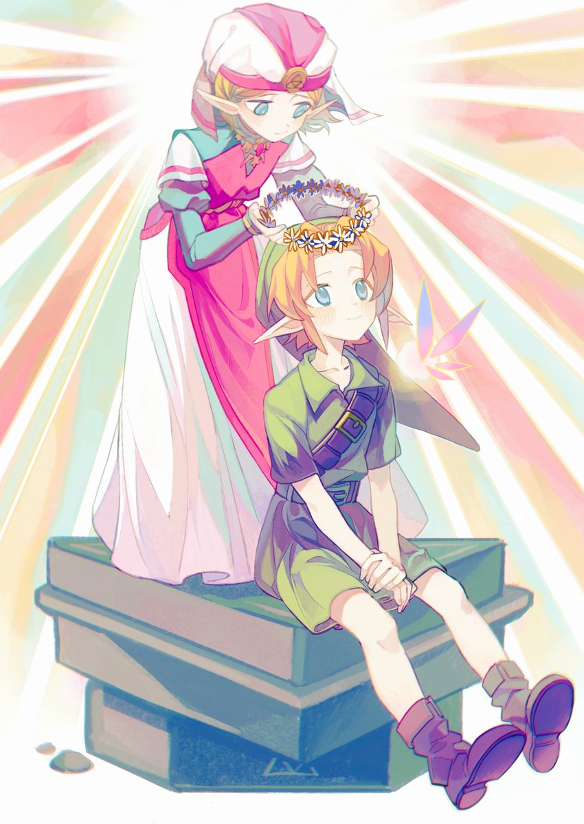 1boy 1girl aqua_eyes aqua_sleeves belt blonde_hair boots brooch brown_belt brown_footwear celiahoodcat child closed_mouth commentary dress fairy flower_wreath green_hat green_tunic hat highres holding holding_own_wrist holding_wreath jewelry link long_dress long_sleeves looking_at_another looking_down looking_up multicolored_background navi nintendo pink_dress pointy_ears princess_zelda puffy_long_sleeves puffy_sleeves shoulder_belt sitting smile standing the_legend_of_zelda the_legend_of_zelda:_ocarina_of_time tunic two-tone_dress v_arms white_dress white_headdress young_link young_zelda