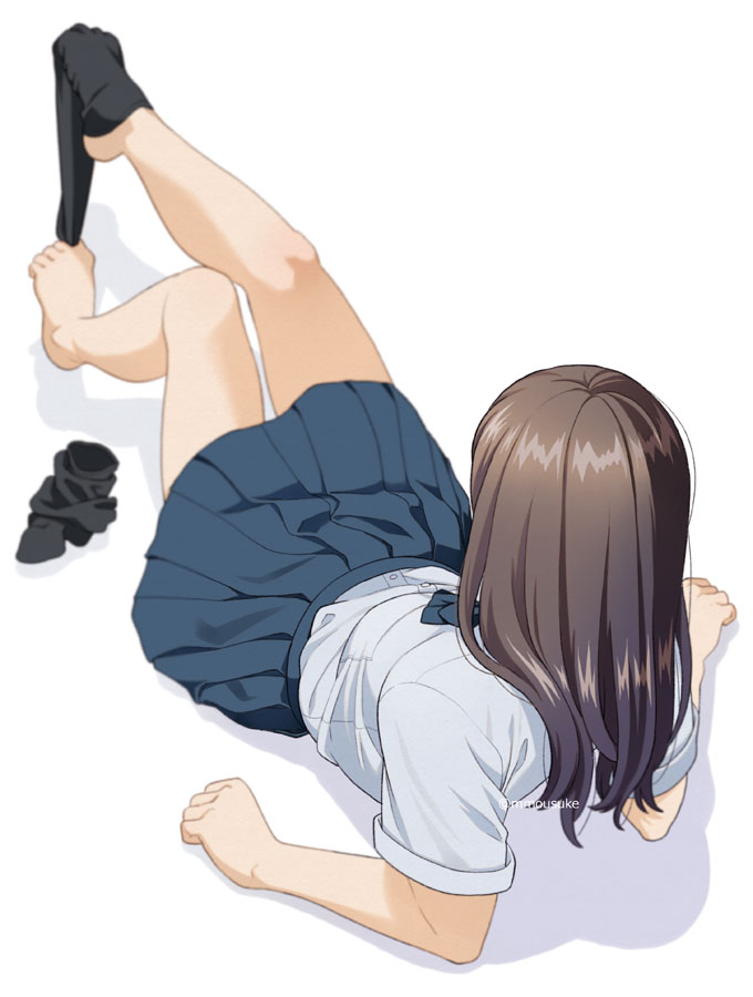 1girl arm_support artist_name blurry brown_hair depth_of_field facing_away hidden_face long_hair lying mattaku_mousuke miniskirt on_back original school_uniform skirt sock_dangle sock_pull solo watermark white_background