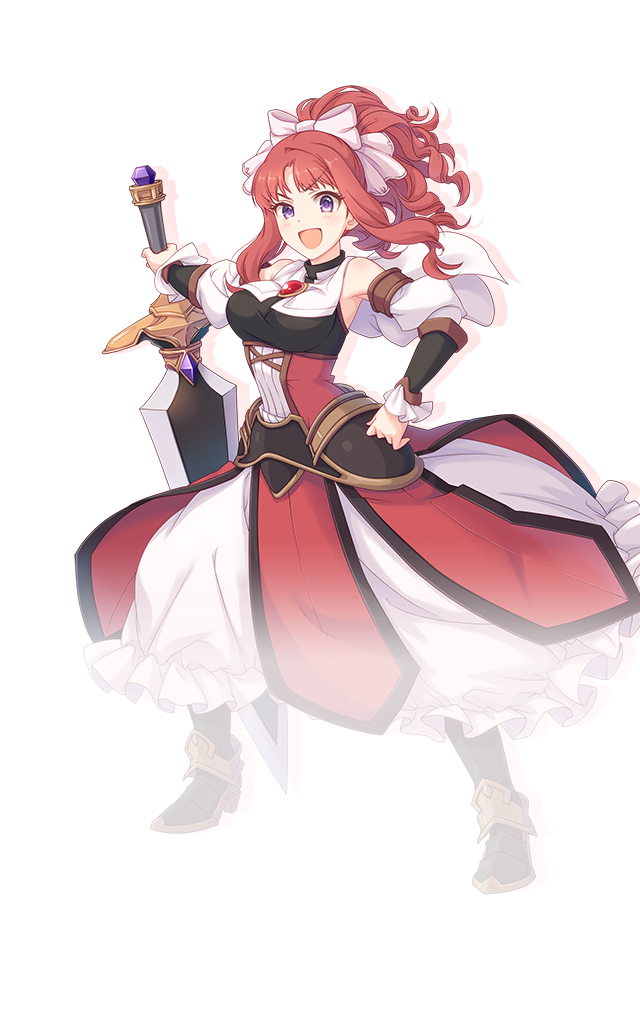 1girl :d akino_(princess_connect!) arm_guards armlet armored_shoes bare_shoulders blush bow breasts detached_sleeves dress drop_shadow full_body hair_bow hand_on_own_hip high_ponytail hip_armor holding holding_sword holding_weapon jewelry large_breasts long_dress long_hair looking_at_viewer official_art open_mouth parted_bangs ponytail princess_connect! purple_eyes raised_eyebrows red_dress red_hair shoes simple_background sleeveless sleeveless_dress smile solo standing sword tachi-e transparent_background two-tone_dress v-shaped_eyebrows weapon white_bow white_dress white_sleeves