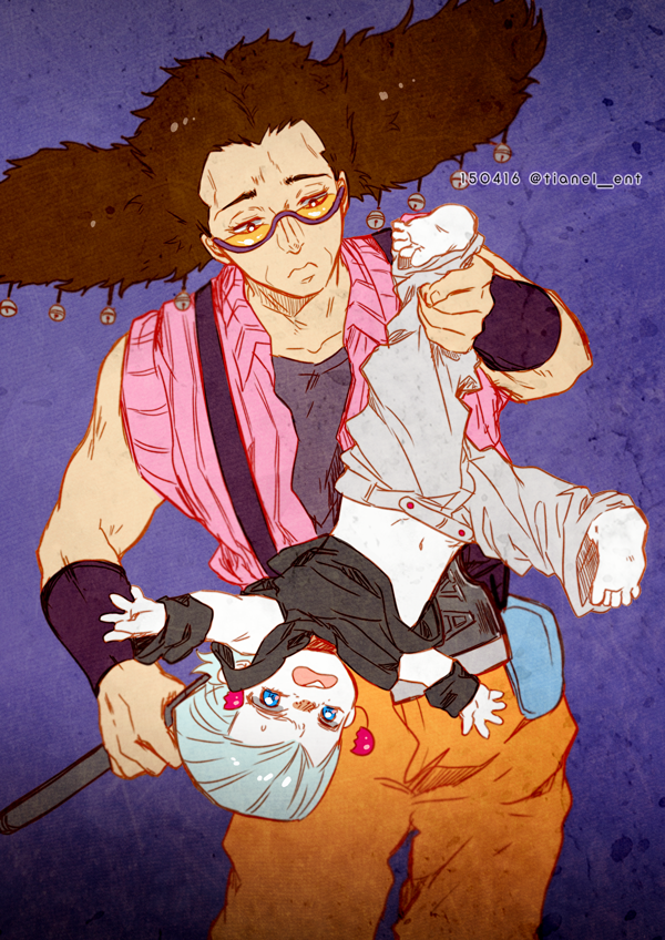 2boys age_regression aged_down alessi axe barefoot bell blue_eyes brown_hair child earrings grey_hair hair_bell hair_ornament jean_pierre_polnareff jewelry jojo_no_kimyou_na_bouken lifting_person male_focus multiple_boys oversized_clothes stardust_crusaders sunglasses tianel_ent