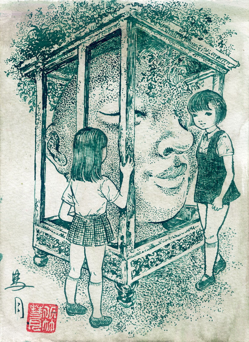 2girls disembodied_head dress fractal_underground_studio hair_ornament hairclip kneehighs long_hair looking_at_viewer monochrome multiple_girls original plaid_clothes plaid_skirt plant school_uniform shirt shoes short_hair short_sleeves skirt sleeveless sleeveless_dress smile socks standing statue traditional_media