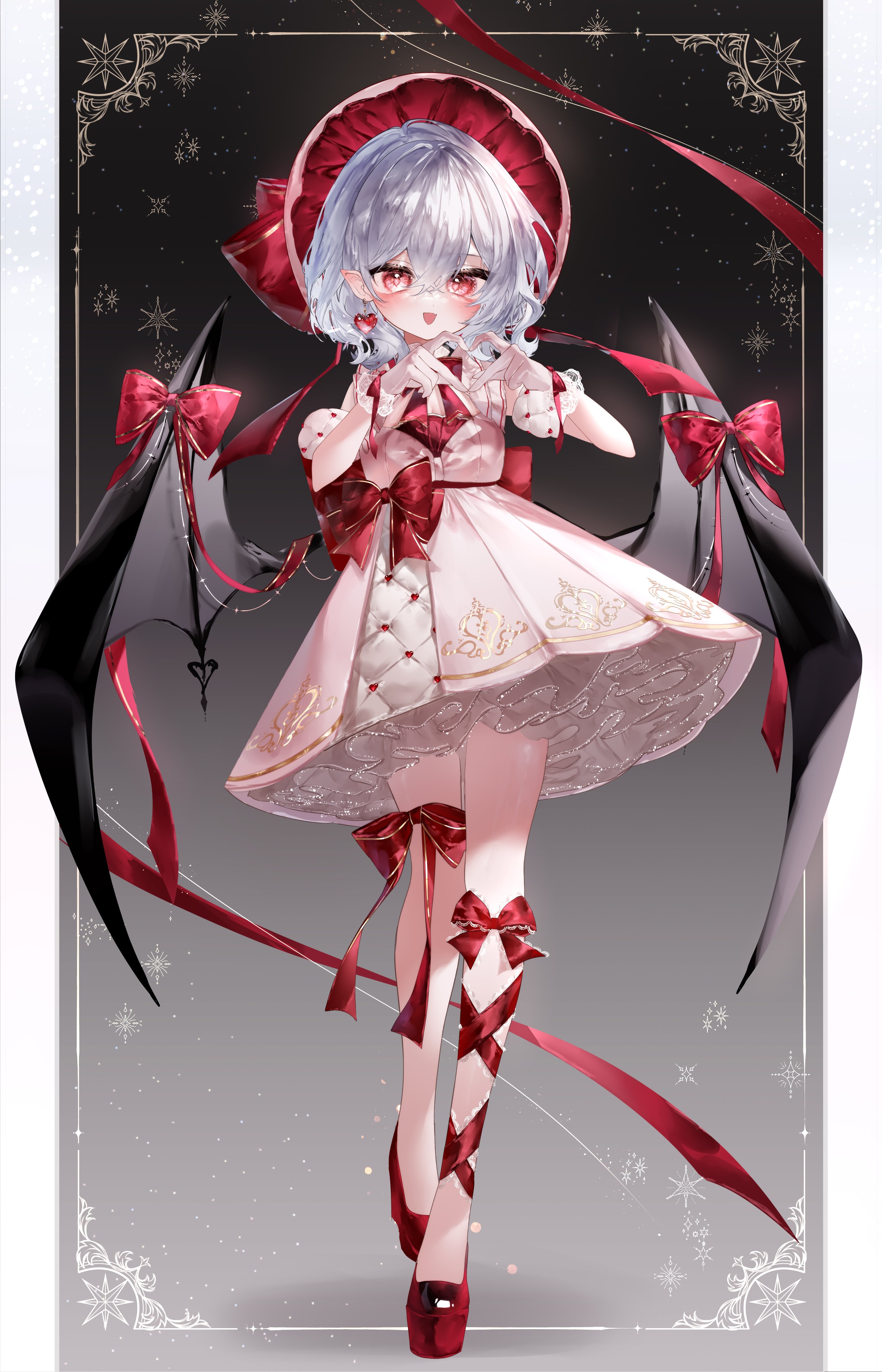 1girl :d absurdres bat_wings black_background blue_hair blush bonnet bow bow_on_wing bowtie commentary detached_sleeves dress earrings fang full_body gradient_background grey_background hair_between_eyes heart heart_earrings heart_hands highres jewelry leg_ribbon looking_at_viewer open_mouth petticoat pink_dress pointy_ears red_bonnet red_bow red_bowtie red_hair red_nails remilia_scarlet ribbon short_hair smile solo standing standing_on_one_leg touhou wings wrist_cuffs yukia_(yukia_777)