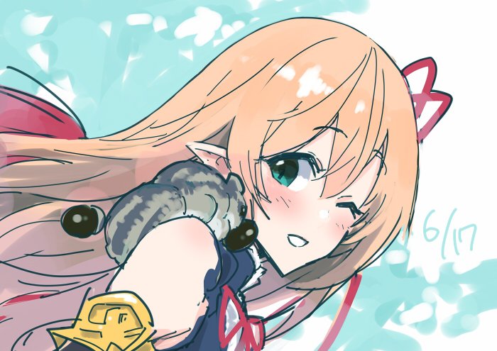 1girl ;d animal animal_on_shoulder aqua_eyes arisa_(shadowverse) bare_shoulders black_shirt commentary_request dated grin ito_ryo long_hair looking_at_viewer neck_ribbon one_eye_closed open_mouth orange_hair princess_connect! ribbon shadowverse shirt smile solo squirrel