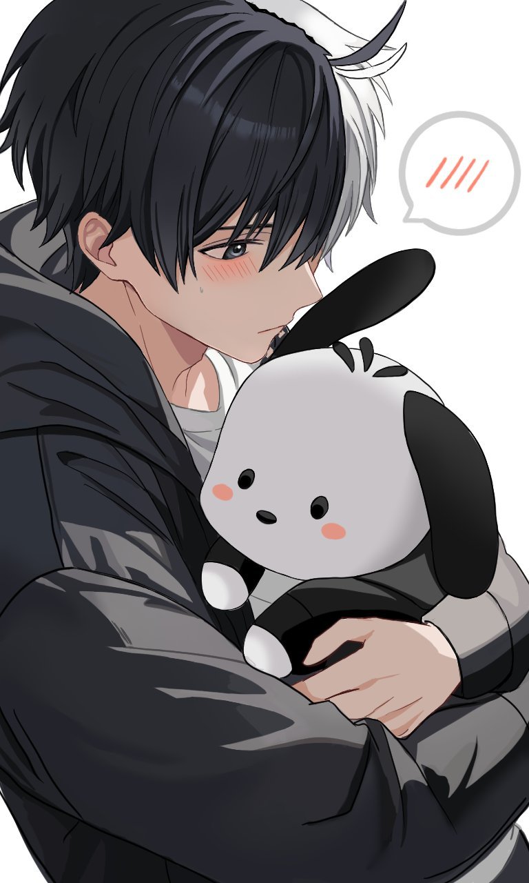 1boy black_eyes black_hair black_hood black_hoodie black_jacket blush closed_mouth highres holding holding_stuffed_toy hood hood_down hooded_jacket hoodie hug hyohls2_(hamao3o) jacket long_sleeves male_focus multicolored_hair pochacco revision sakura_haruka_(wind_breaker) sanrio short_hair spoken_blush stuffed_animal stuffed_dog stuffed_toy two-tone_hair white_background white_hair wind_breaker_(nii_satoru)