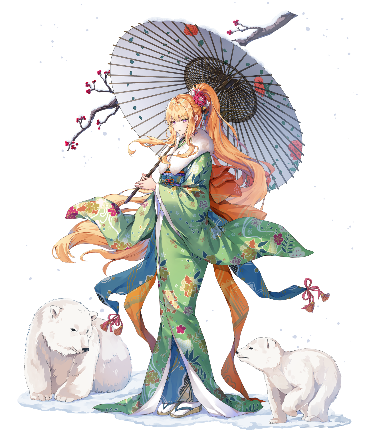 1girl animal_ears artist_request beads bear bear_ears berry blonde_hair branch closed_mouth cub final_gear floral_print floral_print_kimono floral_print_sleeves floral_print_umbrella flower flower_knot flower_ornament full_body furisode furisode_sleeves green_kimono green_sleeves hair_flower hair_ornament half_updo high_ponytail highres hiki_furisode holding holding_umbrella japanese_clothes kimono long_hair long_sidelocks long_sleeves natasha_(final_gear) obi obiage obidome obijime official_art oil-paper_umbrella parasol polar_bear ponytail print_kimono purple_eyes red_flower red_ribbon ribbon sandals sash sidelocks simple_background snow snowing socks solo standing tabi tachi-e tassel third-party_source transparent_background umbrella very_long_hair white_flower white_socks white_umbrella wide_sleeves yellow_flower zouri