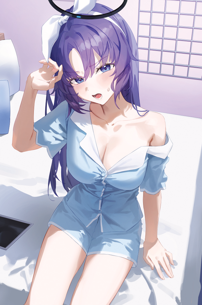 1girl black_halo blue_archive blue_pajamas blue_shorts breasts cleavage collarbone halo hido88 mechanical_halo nightshirt off_shoulder official_alternate_costume pajamas shorts sleepwear solo thighs yuuka_(blue_archive) yuuka_(pajamas)_(blue_archive)
