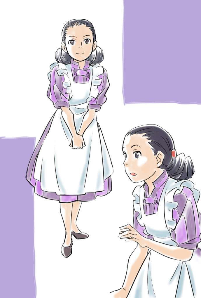 1girl apron black_eyes black_footwear dress gonta_(kmga) hairstyle_request himi_(kimitachi_wa_dou_ikiru_ka) kimitachi_wa_dou_ikiru_ka looking_at_viewer medium_hair multiple_views open_mouth purple_dress simple_background smile