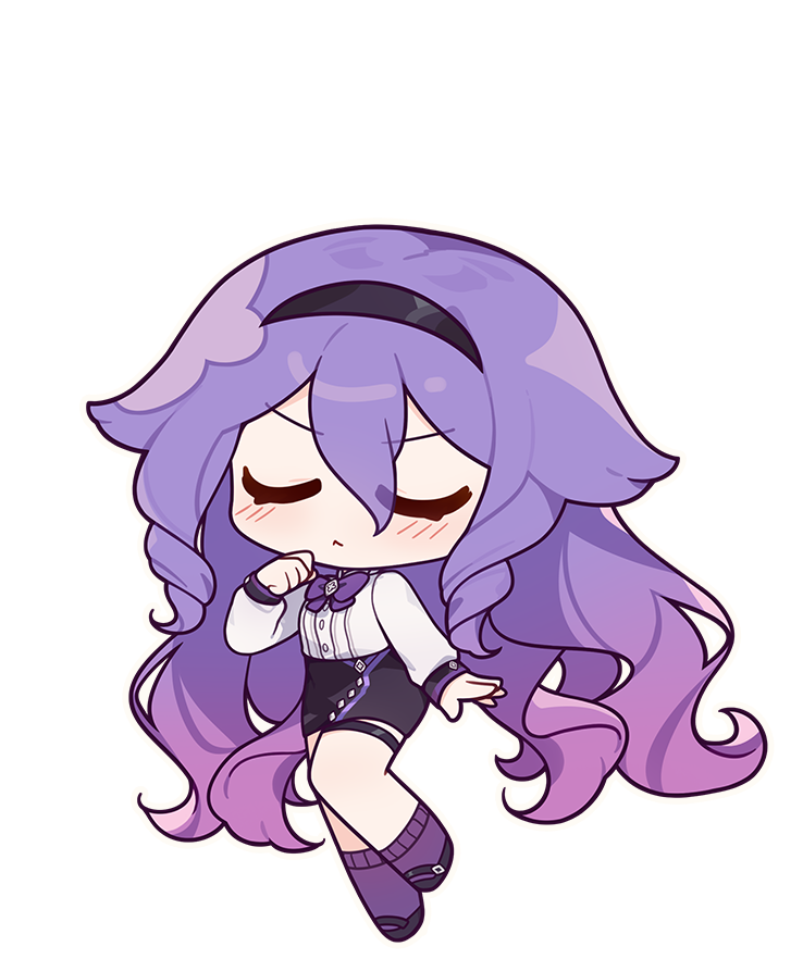1girl black_skirt bow bowtie chibi closed_eyes closed_mouth eta facing_viewer full_body headband honkai_(series) honkai_impact_3rd long_hair looking_at_viewer official_art purple_bow purple_bowtie purple_hair purple_socks shirt sirin sirin_(magic_academy_uniform) sirin_(miracle_magical_girl) skirt socks solo third-party_source white_shirt yellow_eyes