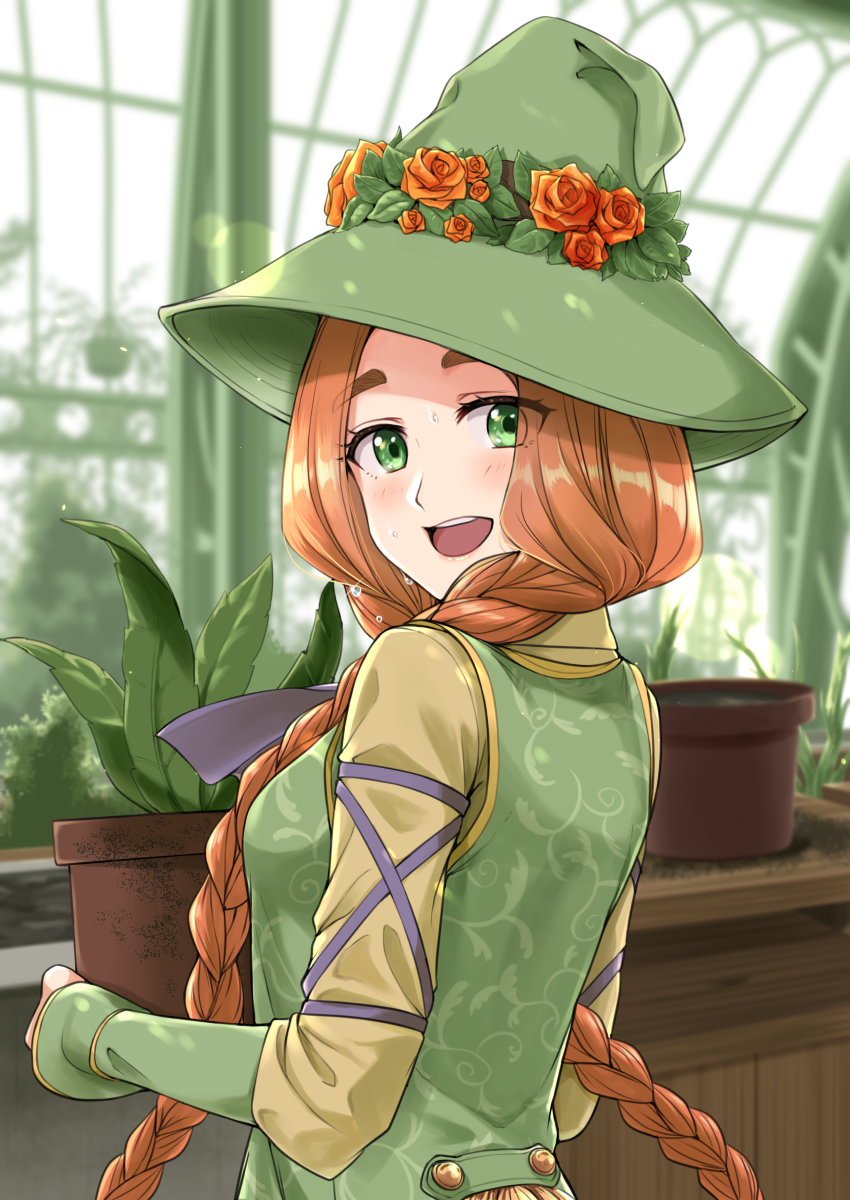 1girl braid commentary_request dress flower flower_hat from_behind green_dress green_eyes green_hat hat highres hogwarts_legacy indoors long_hair long_sleeves looking_at_viewer mirabel_garlick nanbu_shu_zhi_zhu open_mouth orange_flower orange_hair orange_rose plant potted_plant rose smile solo sunlight sweat teeth twin_braids upper_teeth_only very_long_hair witch_hat wizarding_world