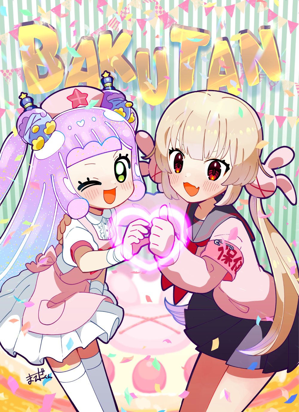 2girls :d ;d apron armband black_skirt blonde_hair blunt_bangs blush cardigan commentary_request cosplay cowboy_shot crossover fang green_eyes hair_ornament hand_up hat heart_hands_failure highres long_hair long_sleeves looking_at_viewer low_twintails maedakun multiple_girls natori_sana natori_sana_(cosplay) natori_sana_(nurse) natori_sana_(school_uniform) nurse_cap official_alternate_costume official_art one_eye_closed open_mouth pink_apron pink_cardigan pink_hat pleated_skirt puffy_short_sleeves puffy_sleeves purple_hair rabbit_hair_ornament red_eyes sana_channel school_uniform short_sleeves skirt smile standing thumbs_up twintails two_side_up virtual_youtuber