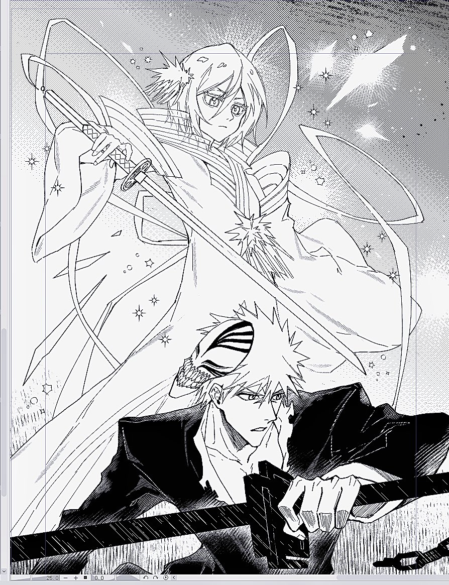 1boy 1girl bankai black_hair bleach dress greyscale holding holding_sword holding_weapon hollow_mask katana kuchiki_rukia kurosaki_ichigo mask mask_on_head monochrome short_hair sword takenokoqvq weapon zanpakutou