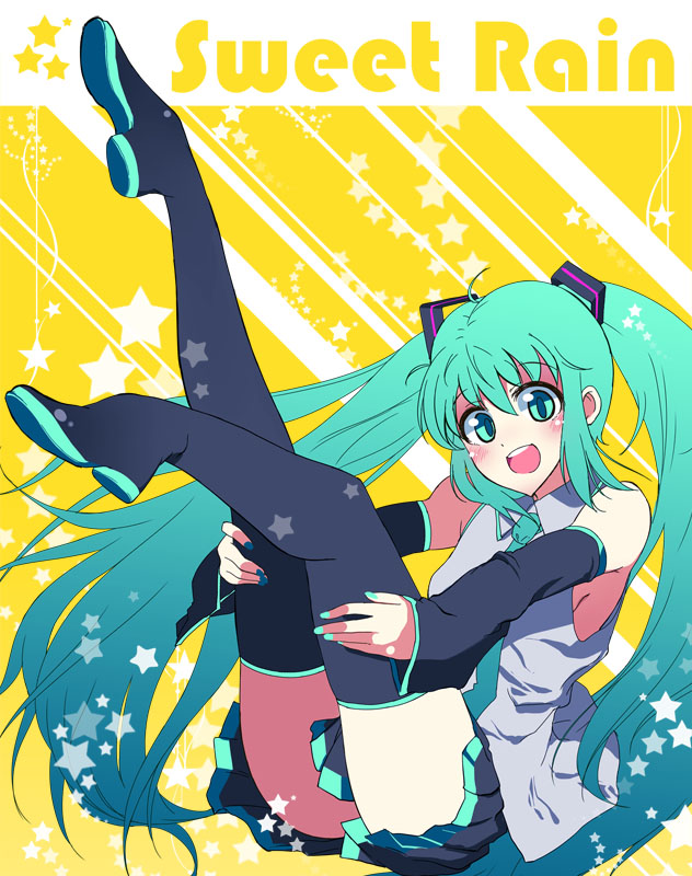 1girl boots detached_sleeves female_focus green_eyes green_hair hatsune_miku legs legs_up long_hair matching_hair/eyes necktie nickq open_mouth sitting skirt solo star_(symbol) thigh_boots thighhighs thighs twintails very_long_hair vocaloid