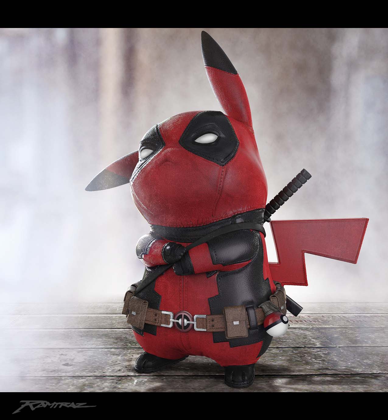 3d belt black_gloves clothed_pokemon cosplay costume creature deadpool deadpool_(cosplay) deadpool_(series) game_freak gen_1_pokemon gloves highres letterboxed marvel nintendo no_humans pikachu poke_ball poke_ball_(basic) pokemon pokemon_(creature) rallp_andres ryan_reynolds sheath sheathed signature solo standing sword voice_actor_connection weapon wooden_floor