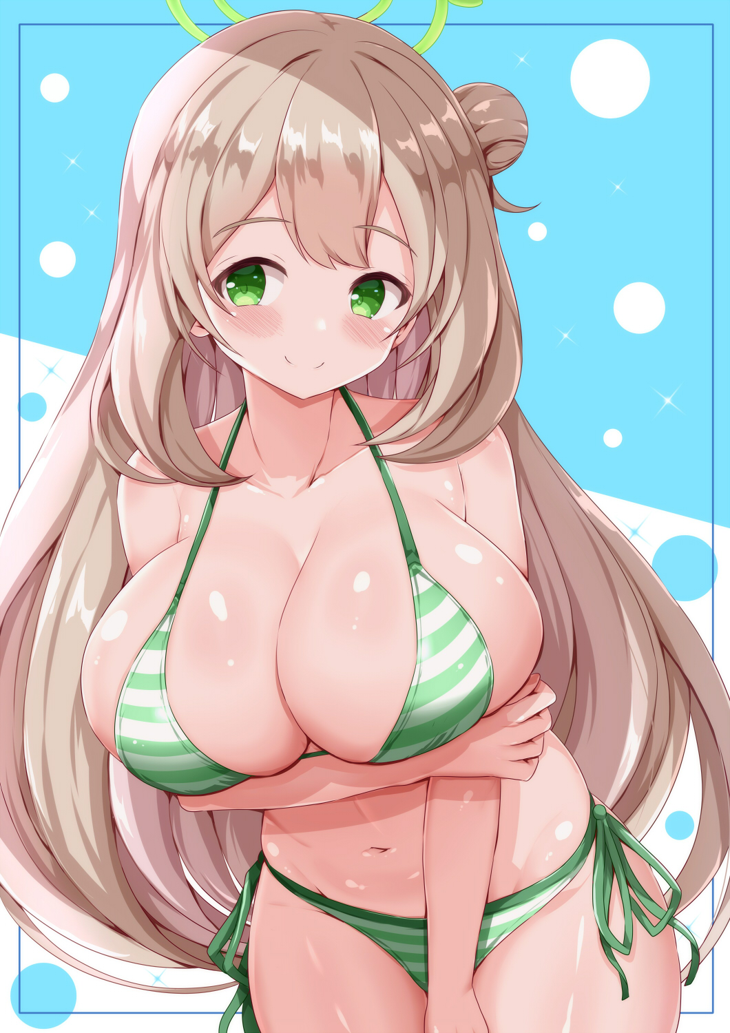 1girl arm_under_breasts bikini blue_archive blush breasts brown_hair chignon cleavage closed_mouth collarbone commentary_request green_eyes green_halo hair_bun halo highres huge_breasts long_hair looking_at_viewer navel nonomi_(blue_archive) side-tie_bikini_bottom sidelocks smile solo standing striped_bikini striped_clothes swimsuit very_long_hair xenon_(for_achieve)