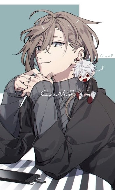 2boys 6tnut9 :d ahoge aqua_background artist_name black_jacket brown_hair cellphone closed_mouth commentary_request crossed_bangs fang grey_eyes grey_sweater hair_between_eyes hair_over_shoulder hands_up jacket kanae_(8th_costume)_(nijisanji) kanae_(nijisanji) kuzuha_(1st_costume)_(nijisanji) kuzuha_(nijisanji) long_hair long_sleeves looking_at_viewer low_ponytail male_focus mini_person mini_person_on_shoulder miniboy mole mole_under_eye multiple_boys musical_note nijisanji official_alternate_costume on_shoulder open_clothes open_jacket open_mouth own_hands_together pants parted_bangs phone pointy_ears ponytail red_eyes red_slippers short_hair skin_fang sleeves_past_wrists slippers smartphone smile sweater table track_jacket turtleneck turtleneck_sweater two-tone_background virtual_youtuber white_background white_hair white_pants