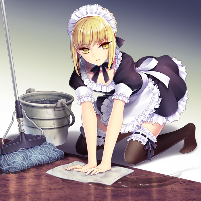 1girl all_fours apron artoria_pendragon_(fate) black_thighhighs blonde_hair bucket detached_collar fate/stay_night fate_(series) female_focus looking_at_viewer maid maid_apron maid_headdress mop no_shoes official_alternate_costume saber_(fate) saber_alter short_hair solo thighhighs waist_apron wash_cloth water yellow_eyes yeruen